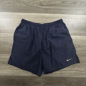 Vintage Nike Shorts Mens Large Navy Blue Yellow Swoosh Lined Athletic Running